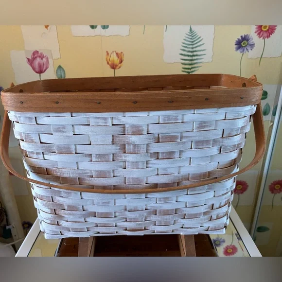 Longaberger Vintage 1991 Footed Magazine Basket with Wooden Feet, Chalk Painted